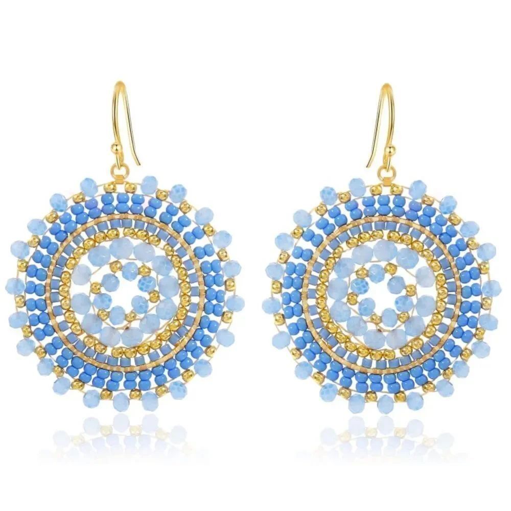 Blue and Gold Beaded Crystal Round Disc Boho Statement Dangling Hook Earrings